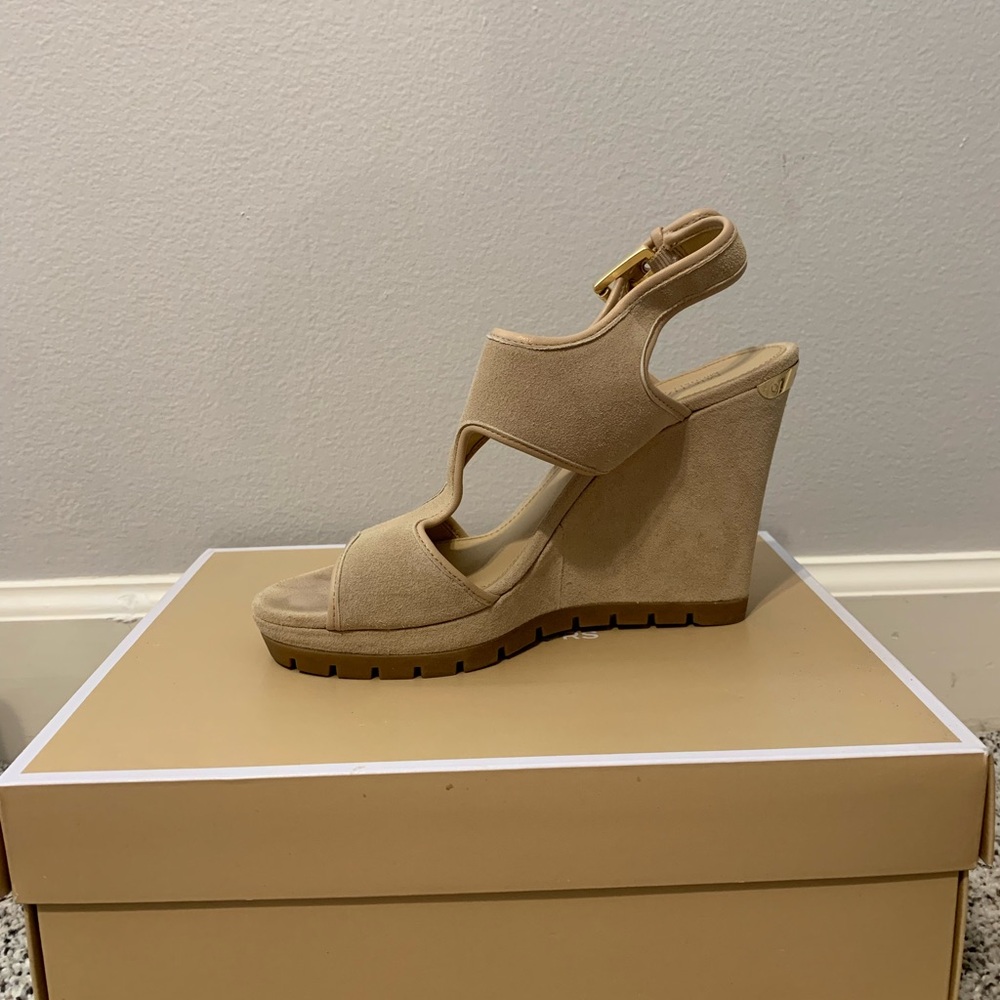 MICHAEL Michael Kors Tan Wedge Sandals with Adjustable Ankle Strap